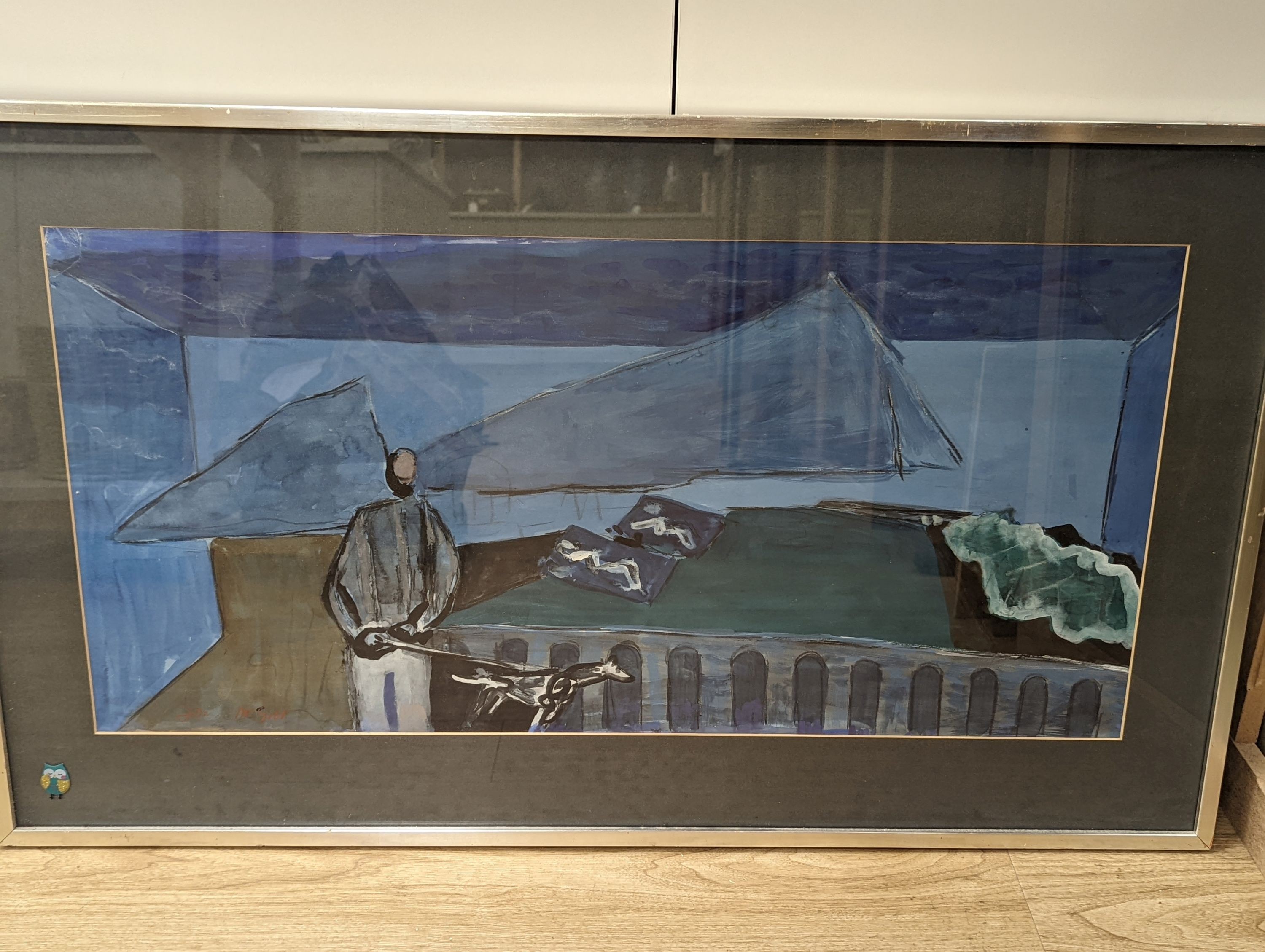 Francis McGill, watercolour and coloured chalk, abstract Man Walking a Dog in Landscape, 40 x 83cm